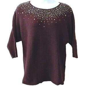 Lane Bryant 18/20 Burgundy Knit Sweater 3/4 Dolman Sleeves Iridescent Beads VGUC